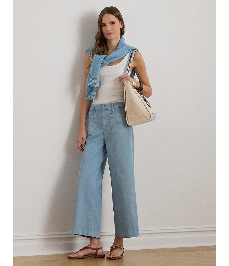 Lauren Ralph Lauren Petite Size Stretch Cotton Chino High Rise Wide Leg Cropped Pants