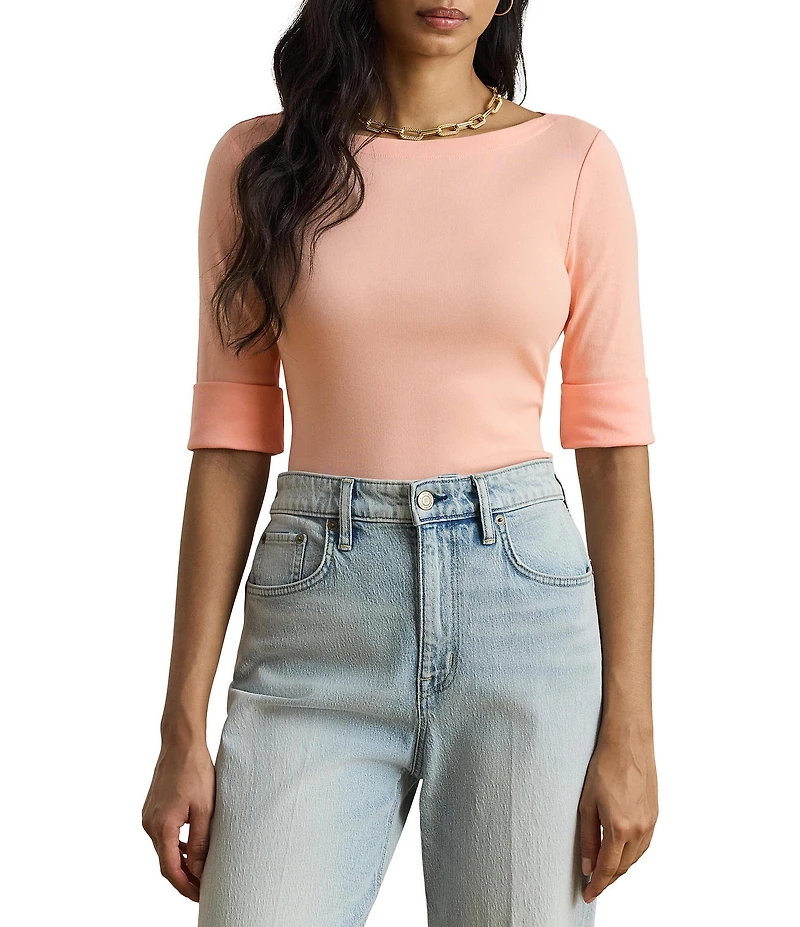 Lauren Ralph Lauren Petite Size Stretch Cotton Knit Boat Neck Elbow Sleeve Tee