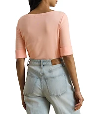 Lauren Ralph Lauren Petite Size Stretch Cotton Knit Boat Neck Elbow Sleeve Tee
