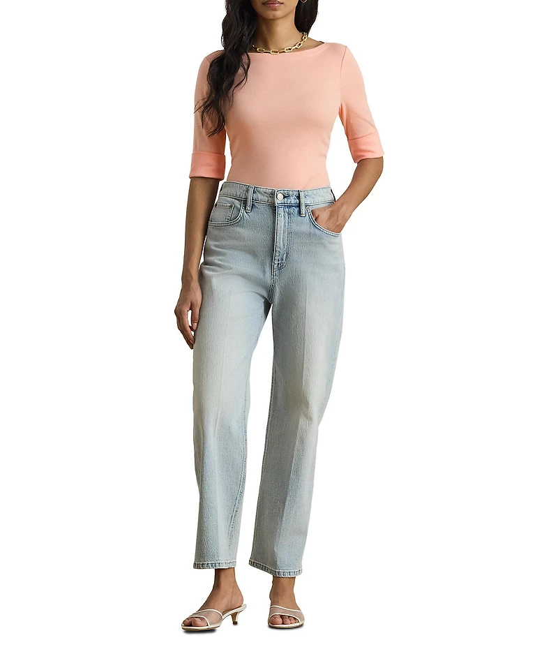 Lauren Ralph Lauren Petite Size Stretch Cotton Knit Boat Neck Elbow Sleeve Tee