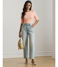 Lauren Ralph Lauren Petite Size Stretch Cotton Knit Boat Neck Elbow Sleeve Tee