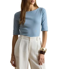 Lauren Ralph Lauren Petite Size Stretch Cotton Knit Boat Neck Elbow Sleeve Tee