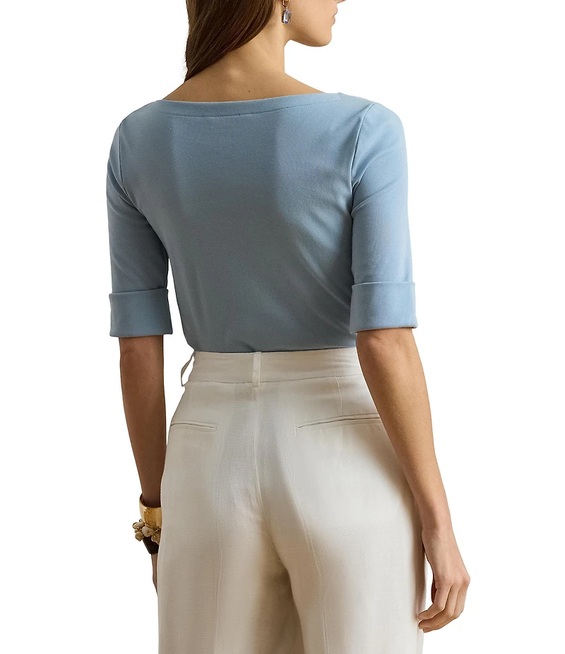 Lauren Ralph Lauren Petite Size Stretch Cotton Knit Boat Neck Elbow Sleeve Tee