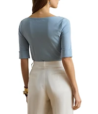 Lauren Ralph Lauren Petite Size Stretch Cotton Knit Boat Neck Elbow Sleeve Tee