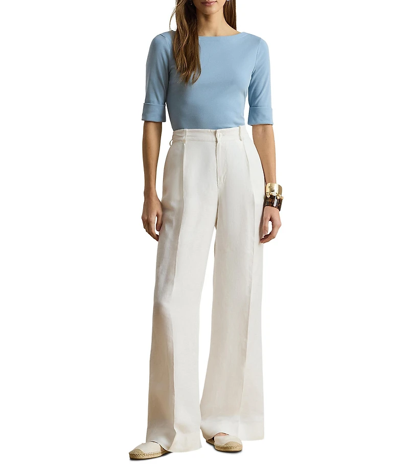 Lauren Ralph Lauren Petite Size Stretch Cotton Knit Boat Neck Elbow Sleeve Tee