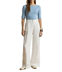 Lauren Ralph Lauren Petite Size Stretch Cotton Knit Boat Neck Elbow Sleeve Tee