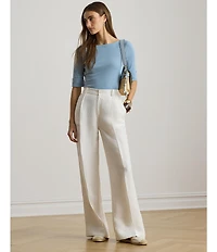 Lauren Ralph Lauren Petite Size Stretch Cotton Knit Boat Neck Elbow Sleeve Tee