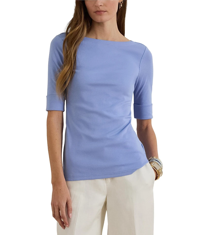 Lauren Ralph Lauren Petite Size Stretch Cotton Knit Boat Neck Elbow Sleeve Tee