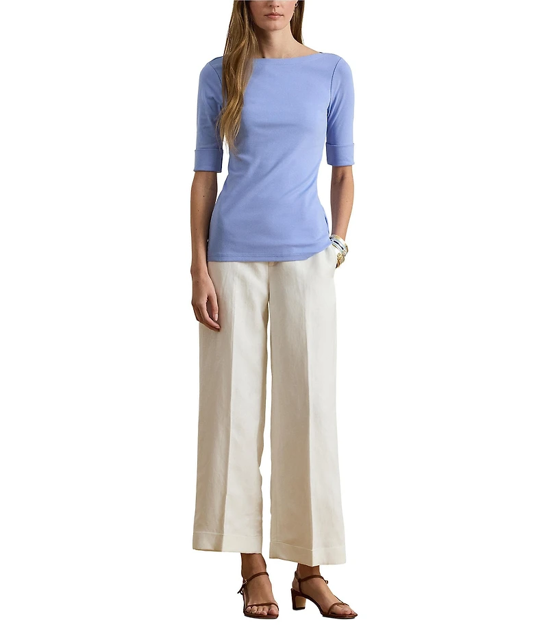 Lauren Ralph Lauren Petite Size Stretch Cotton Knit Boat Neck Elbow Sleeve Tee