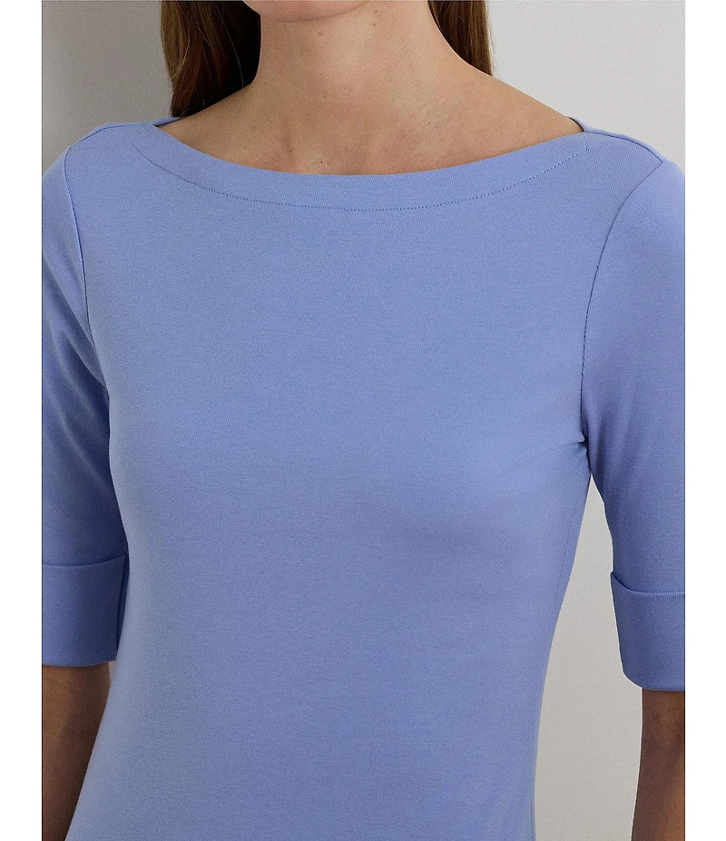 Lauren Ralph Lauren Petite Size Stretch Cotton Knit Boat Neck Elbow Sleeve Tee