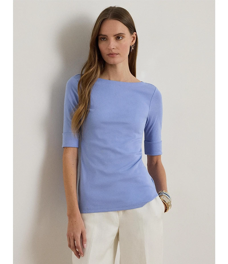 Lauren Ralph Lauren Petite Size Stretch Cotton Knit Boat Neck Elbow Sleeve Tee