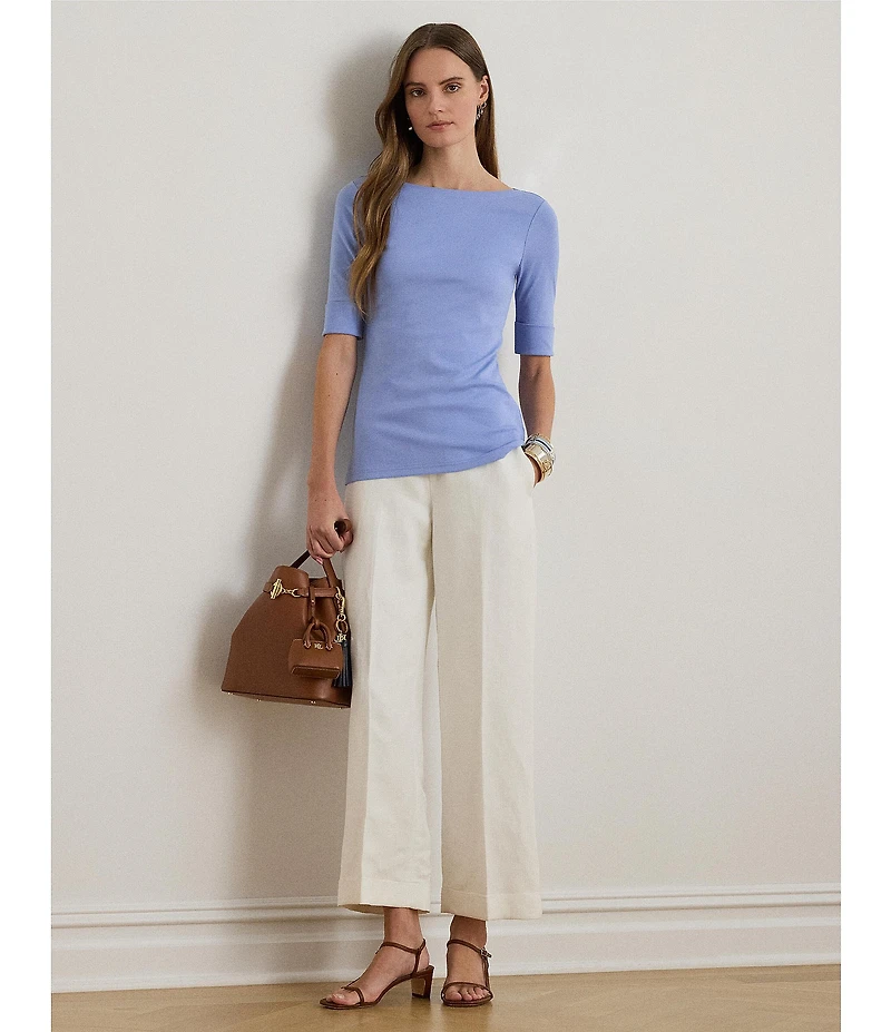 Lauren Ralph Lauren Petite Size Stretch Cotton Knit Boat Neck Elbow Sleeve Tee