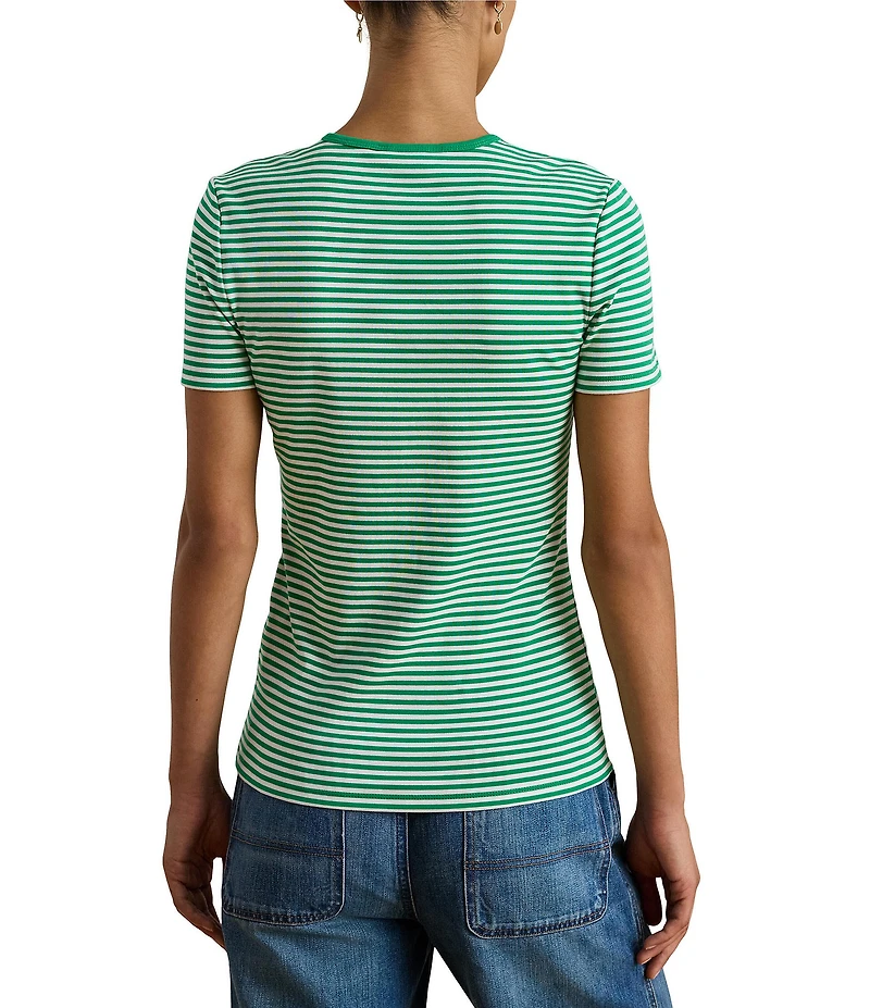 Lauren Ralph Lauren Petite Size Stretch Cotton Stripe Crew Neck Short Sleeve Tee