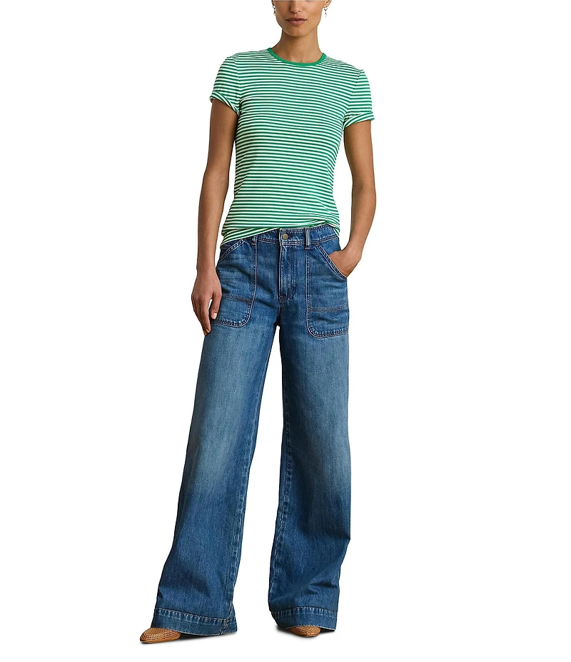 Lauren Ralph Lauren Petite Size Stretch Cotton Stripe Crew Neck Short Sleeve Tee