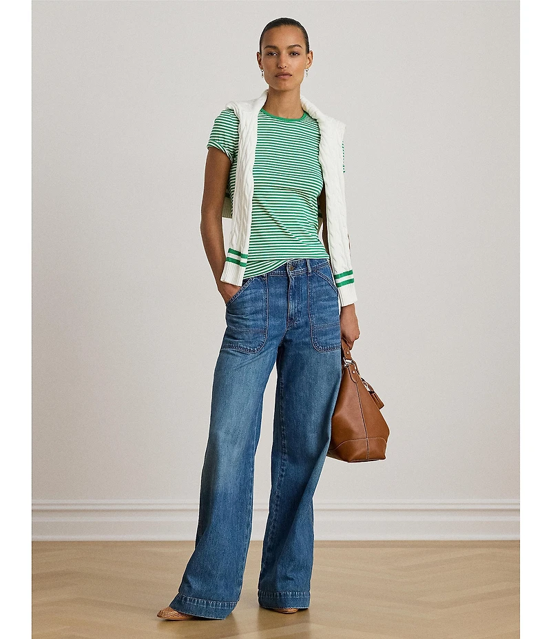 Lauren Ralph Lauren Petite Size Stretch Cotton Stripe Crew Neck Short Sleeve Tee