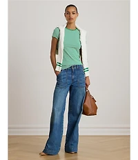 Lauren Ralph Lauren Petite Size Stretch Cotton Stripe Crew Neck Short Sleeve Tee