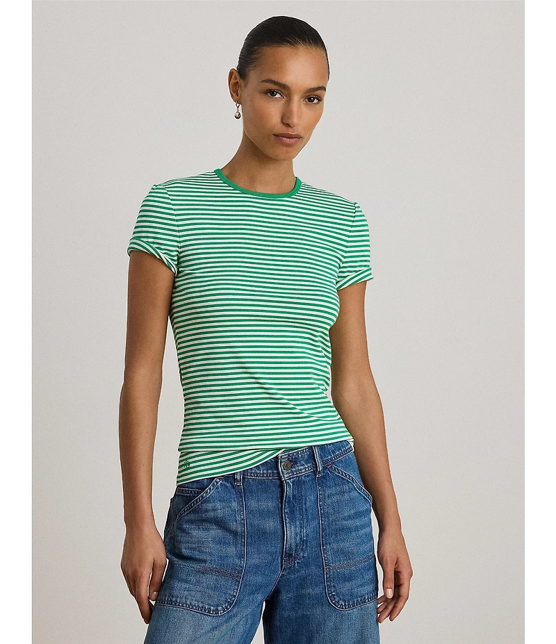 Lauren Ralph Lauren Petite Size Stretch Cotton Stripe Crew Neck Short Sleeve Tee