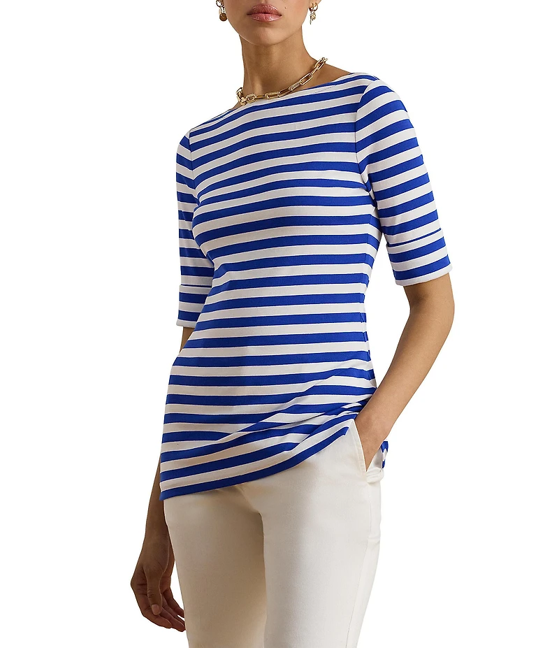 Lauren Ralph Lauren Petite Size Stretch Cotton Yarn-Dyed Stripe Boat Neck Elbow Sleeve Tee