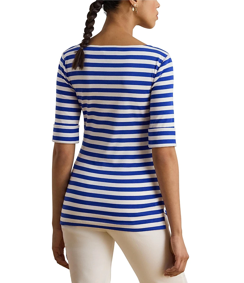 Lauren Ralph Lauren Petite Size Stretch Cotton Yarn-Dyed Stripe Boat Neck Elbow Sleeve Tee
