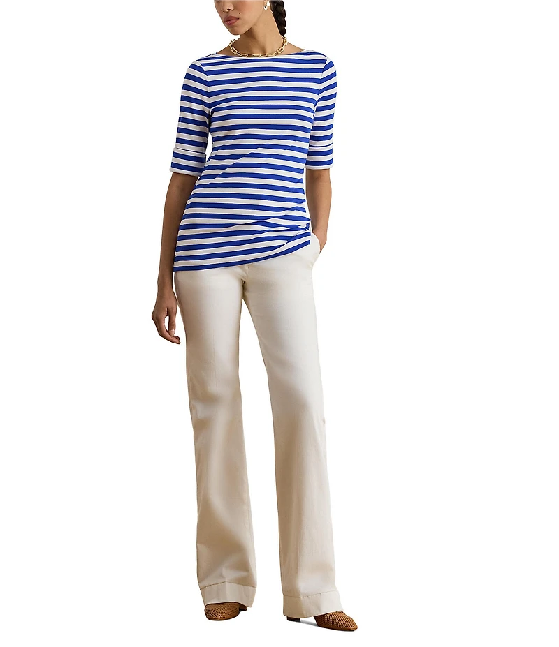 Lauren Ralph Lauren Petite Size Stretch Cotton Yarn-Dyed Stripe Boat Neck Elbow Sleeve Tee