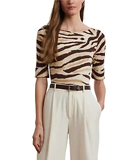 Lauren Ralph Lauren Petite Size Stretch Cotton Zebra Boat Neck Elbow Sleeve Tee