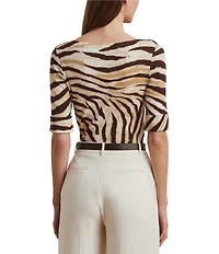 Lauren Ralph Lauren Petite Size Stretch Cotton Zebra Boat Neck Elbow Sleeve Tee