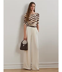 Lauren Ralph Lauren Petite Size Stretch Cotton Zebra Boat Neck Elbow Sleeve Tee