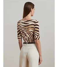 Lauren Ralph Lauren Petite Size Stretch Cotton Zebra Boat Neck Elbow Sleeve Tee