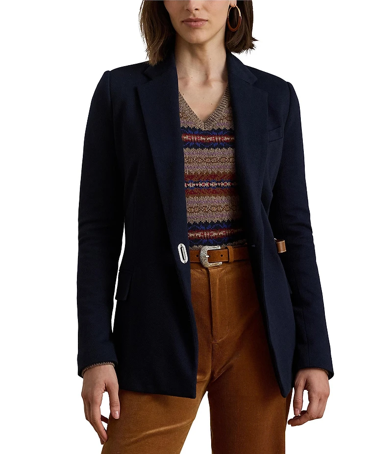 Lauren Ralph Lauren Petite Size Stretch Knit Jacquard Buckle-Trim Herringbone Blazer