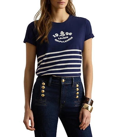 Lauren Ralph Lauren Petite Size Stripe Embroidered Logo Jersey Tee