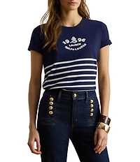 Lauren Ralph Lauren Petite Size Stripe Embroidered Logo Jersey Tee