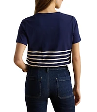 Lauren Ralph Lauren Petite Size Stripe Embroidered Logo Jersey Tee