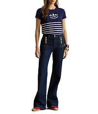 Lauren Ralph Lauren Petite Size Stripe Embroidered Logo Jersey Tee