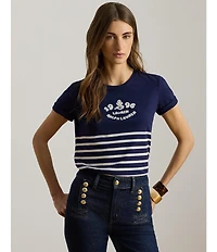 Lauren Ralph Lauren Petite Size Stripe Embroidered Logo Jersey Tee