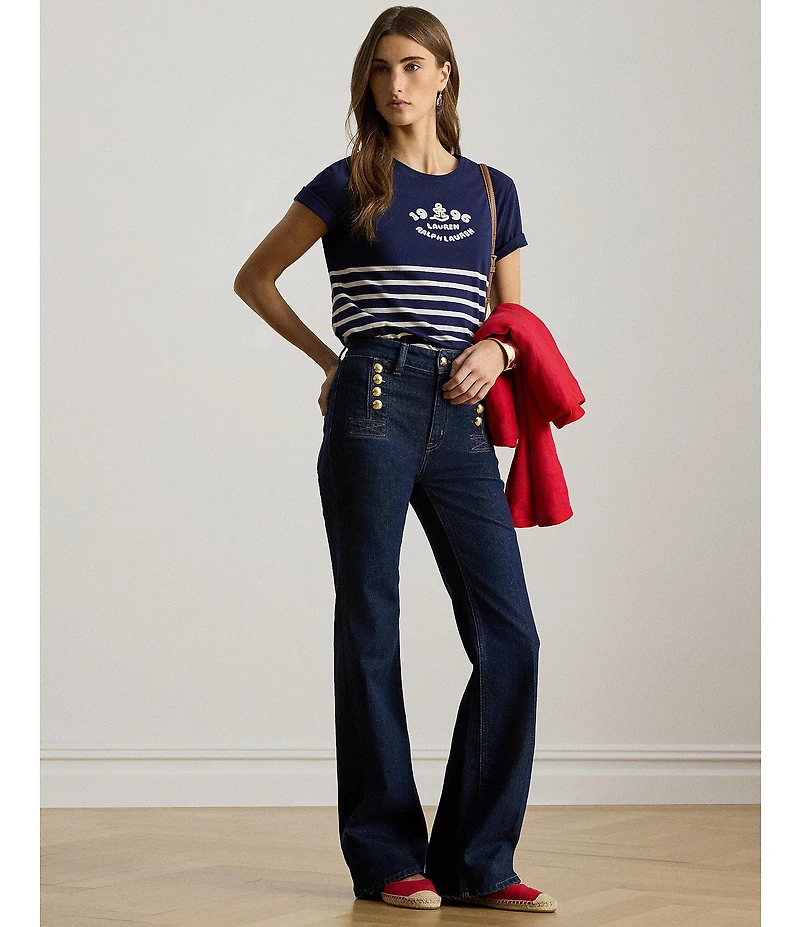 Lauren Ralph Lauren Petite Size Stripe Embroidered Logo Jersey Tee