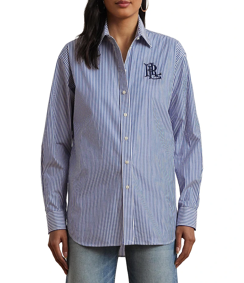 Lauren Ralph Lauren Petite Size Stripe Stretch Cotton Point Collar Long Sleeve Embroidered Logo Shirt