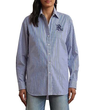 Lauren Ralph Lauren Petite Size Stripe Stretch Cotton Point Collar Long Sleeve Embroidered Logo Shirt