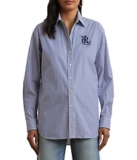 Lauren Ralph Lauren Petite Size Stripe Stretch Cotton Point Collar Long Sleeve Embroidered Logo Shirt