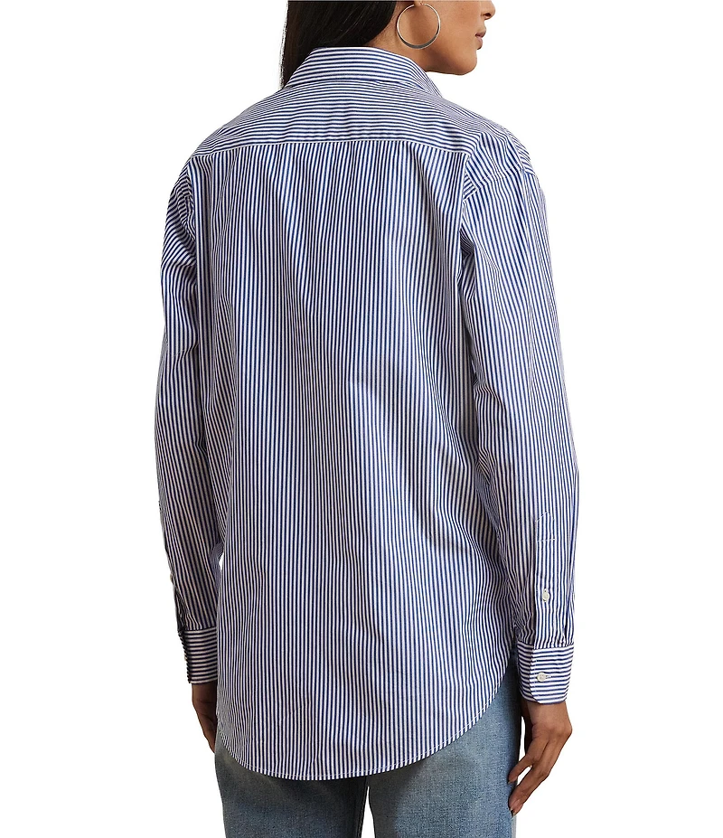 Lauren Ralph Lauren Petite Size Stripe Stretch Cotton Point Collar Long Sleeve Embroidered Logo Shirt