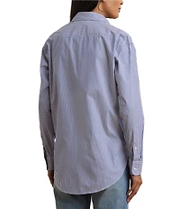 Lauren Ralph Lauren Petite Size Stripe Stretch Cotton Point Collar Long Sleeve Embroidered Logo Shirt