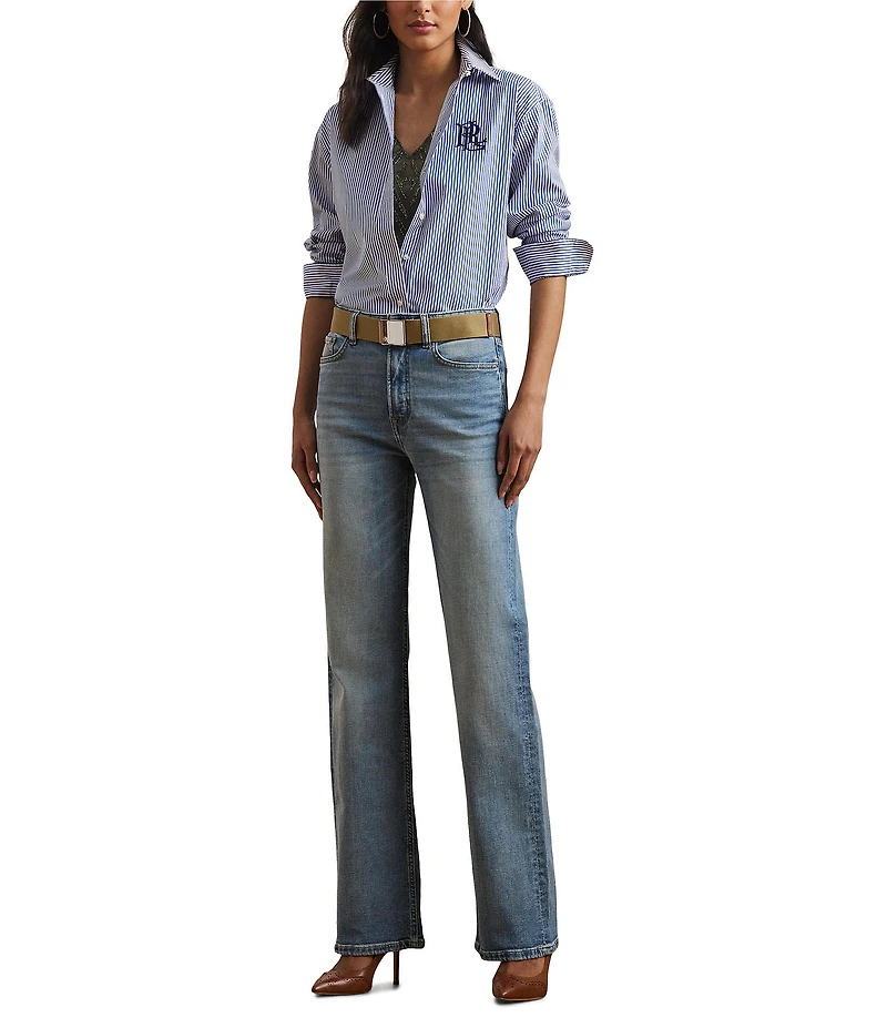 Lauren Ralph Lauren Petite Size Stripe Stretch Cotton Point Collar Long Sleeve Embroidered Logo Shirt