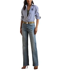 Lauren Ralph Lauren Petite Size Stripe Stretch Cotton Point Collar Long Sleeve Embroidered Logo Shirt
