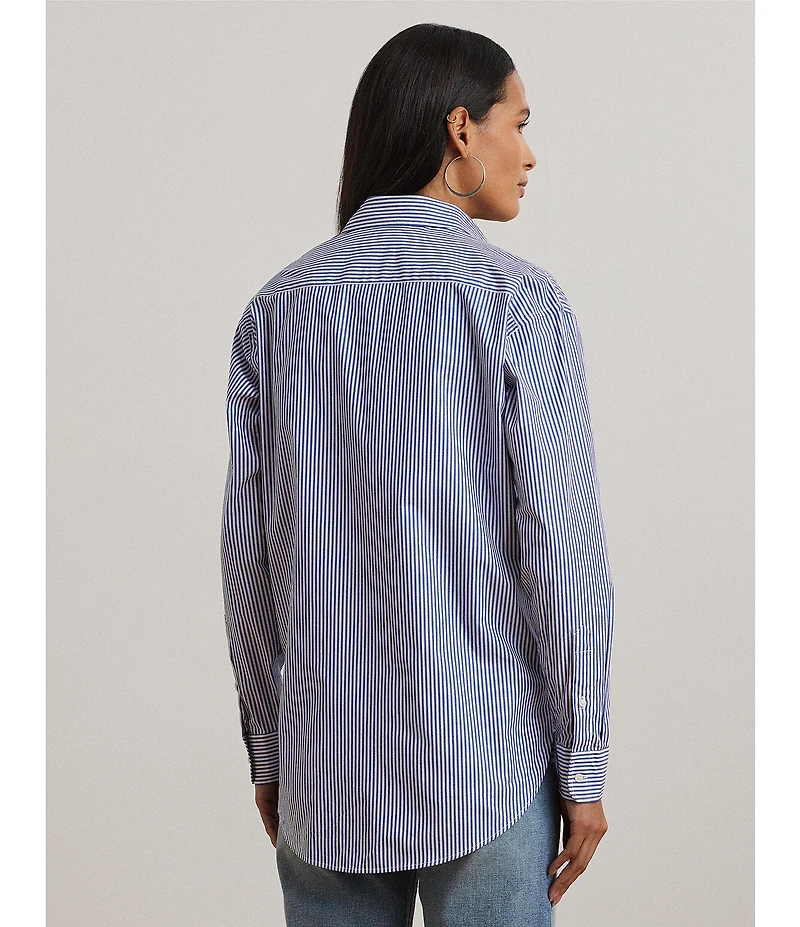 Lauren Ralph Lauren Petite Size Stripe Stretch Cotton Point Collar Long Sleeve Embroidered Logo Shirt
