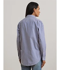 Lauren Ralph Lauren Petite Size Stripe Stretch Cotton Point Collar Long Sleeve Embroidered Logo Shirt