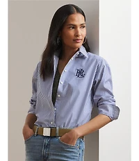Lauren Ralph Lauren Petite Size Stripe Stretch Cotton Point Collar Long Sleeve Embroidered Logo Shirt