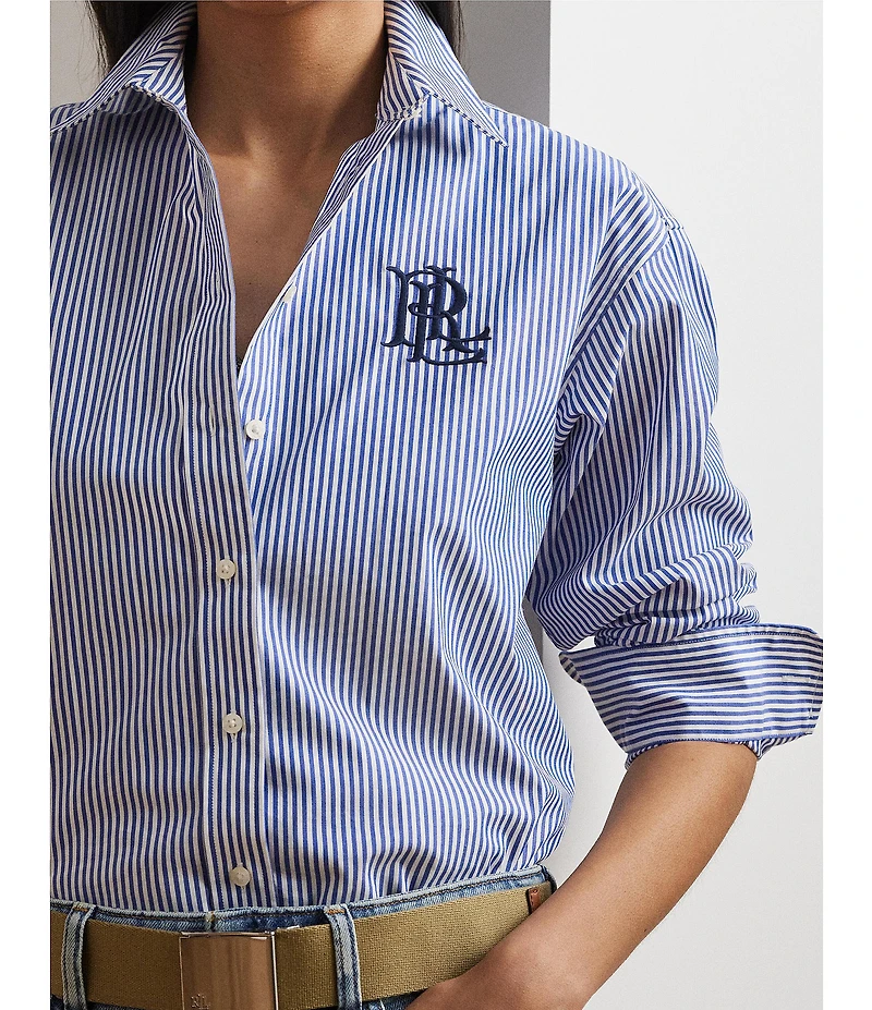 Lauren Ralph Lauren Petite Size Stripe Stretch Cotton Point Collar Long Sleeve Embroidered Logo Shirt