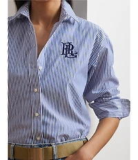 Lauren Ralph Lauren Petite Size Stripe Stretch Cotton Point Collar Long Sleeve Embroidered Logo Shirt