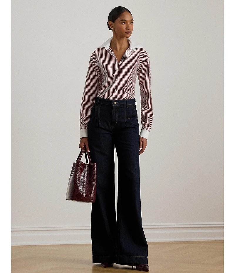 Lauren Ralph Lauren Petite Size Striped Cotton Broadcloth Button-Front Shirt