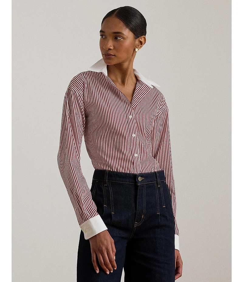 Lauren Ralph Lauren Petite Size Striped Cotton Broadcloth Button-Front Shirt