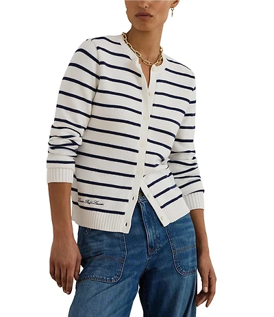 Lauren Ralph Lauren Petite Size Striped Ribbed Crew Neck Long Sleeve Button-Front Cardigan